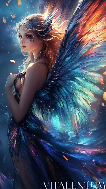 Celestial winged maiden in iridescent feathered aura.