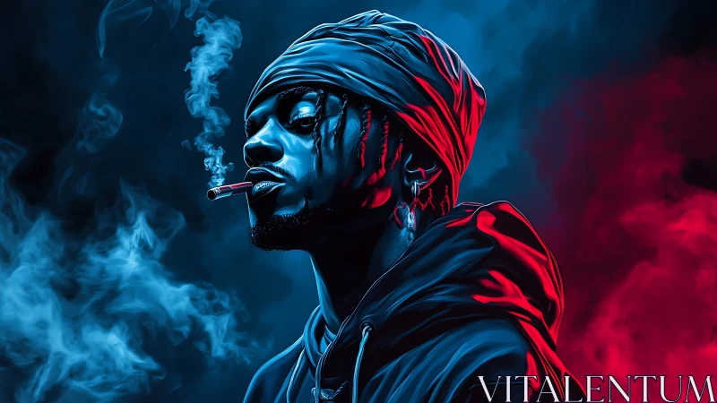 Smoldering neon drifter wrapped in blue and red twilight.