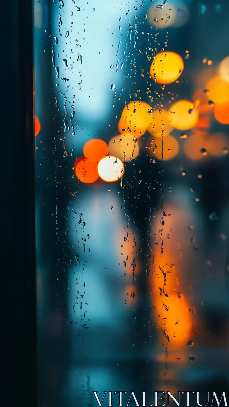 Rain streaked glass with urban bokeh lights at blue hour