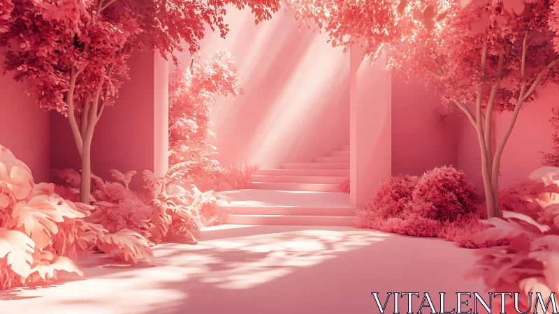 Sunlit pink garden staircase inviting quiet daydreams.