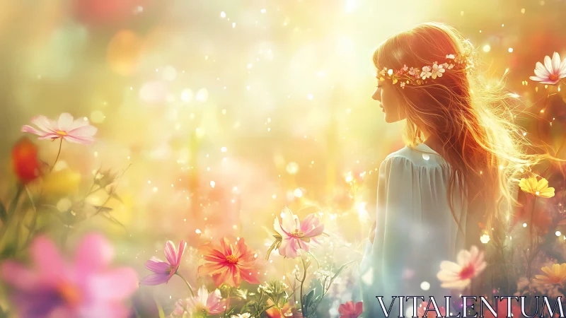 Sunlit daydream with a flower-crowned girl in bloom.