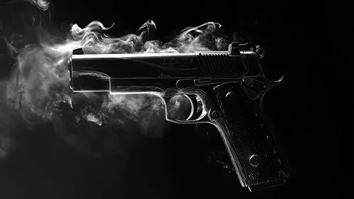 Smoking black handgun floats against deep dark background