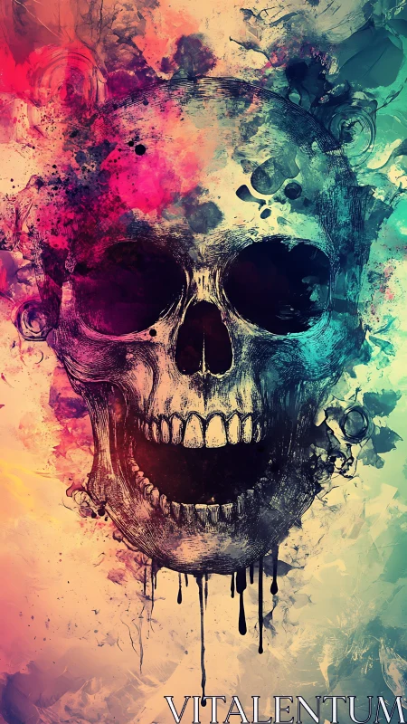 Neon ink skull dissolves through chaotic splash gradients.