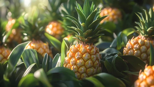 Sunlit pineapples grow in dense foliage under soft light