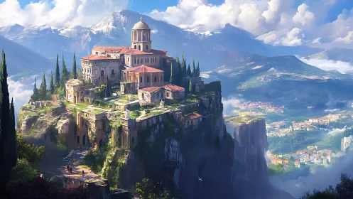 Clifftop monastery complex in panoramic digital painting style.