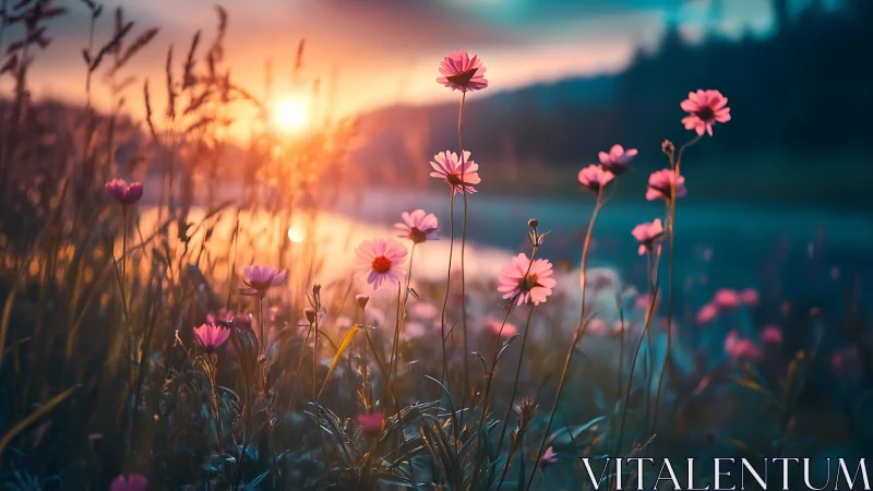 Pink daisies bloom at sunrise beside a tranquil mountain lake.