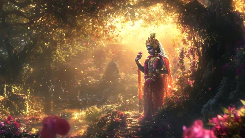 Divine wanderer pauses where forest light melts into gold