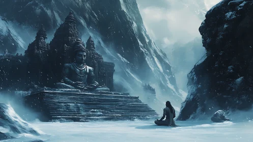 Silent mountain deity and lone seeker in a frozen sanctuary.