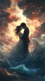 Silhouetted couple kissing beneath fiery celestial clouds
