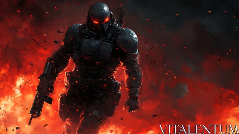 Armored futuristic soldier walks through intense firestorm