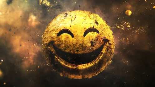Grinning golden smiley erupting through smoky darkness.