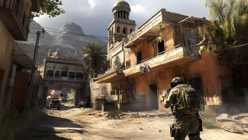 Soldier moving through a dusty war torn desert street.
