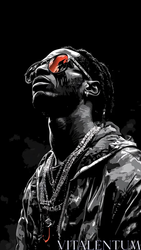 Urban portrait with red lenses and chrome chain highlights.