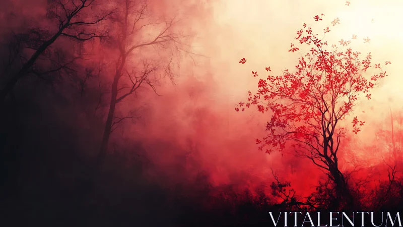 Red tree in glowing mist beside dark shadowed forest.