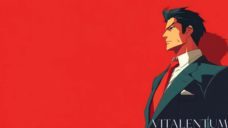 Sharp-suited anime businessman in profile against flat red field