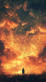 Solitary Figure Watches Fiery Sky Consumed by Chaos