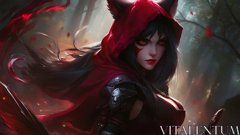 Dark forest huntress in red hood with glowing eyes.
