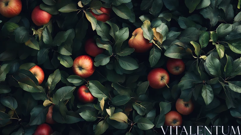 Crimson apples hiding in dusky orchard leaves and shadows.