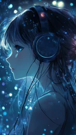 Side-lit anime girl in headphones immersed in luminous blue bokeh