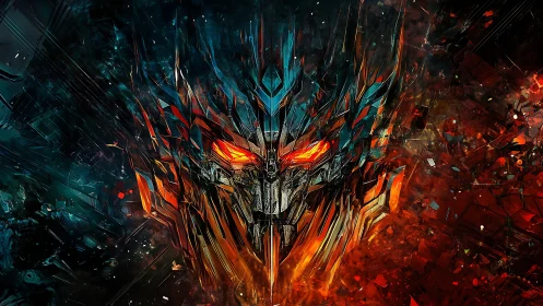 Mechanical face in fragmented fiery and teal abstract field.