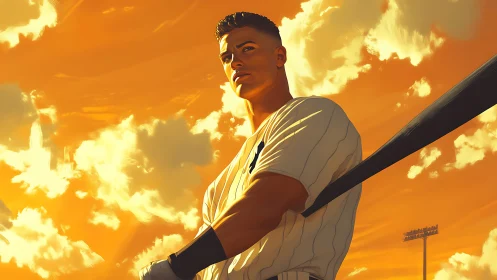 Heroic baseball slugger under dramatic golden sunset sky