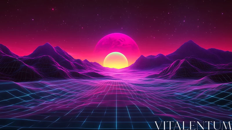 Neon wireframe horizon under dual synthwave suns glow.