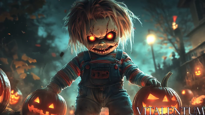 Demented doll commands jack-o’-lanterns on neon Halloween street