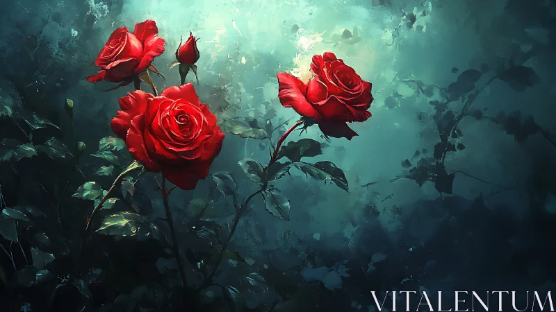 Red Roses Against Turquoise Decay. Digital Floral.