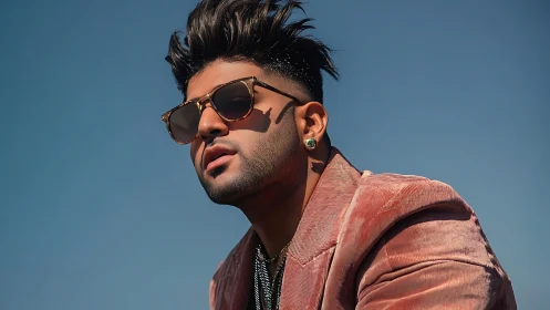 Sunglass-wearing man in pink blazer under clear blue sky