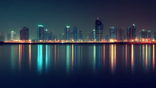 Neon-lit harbor skyline shimmers across calm midnight water