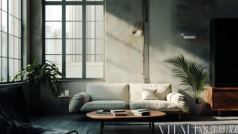Sunlit industrial living room with cozy sofa and plants.
