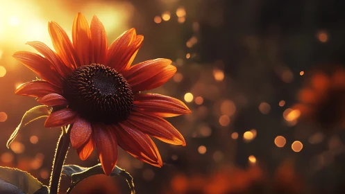 Sunflower glows in molten sunset bokeh, copper petals gleam.