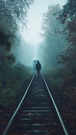 Solitary silhouette walks the fog-drowned forest rails home