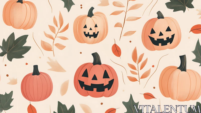 Vector jack o lantern repeat with stylized autumn foliage pattern.