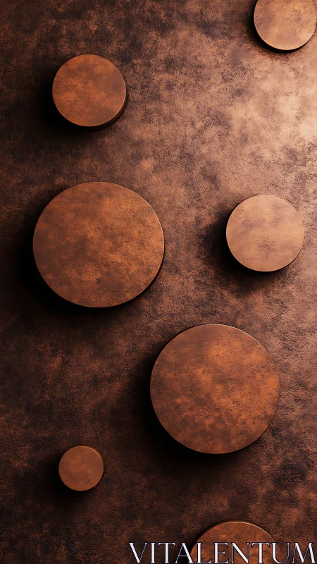 Copper circular forms on textured metallic brown wall.