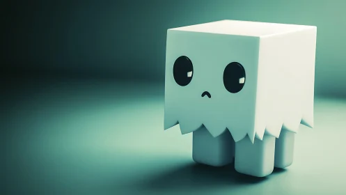 Minimalist 3D cube-creature character with soft studio lighting.