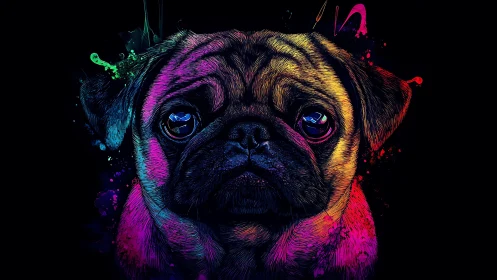 Digital pug portrait utilizes neon color gradients on black
