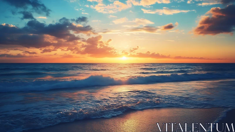 Golden sunset waves roll gently onto a tranquil shoreline