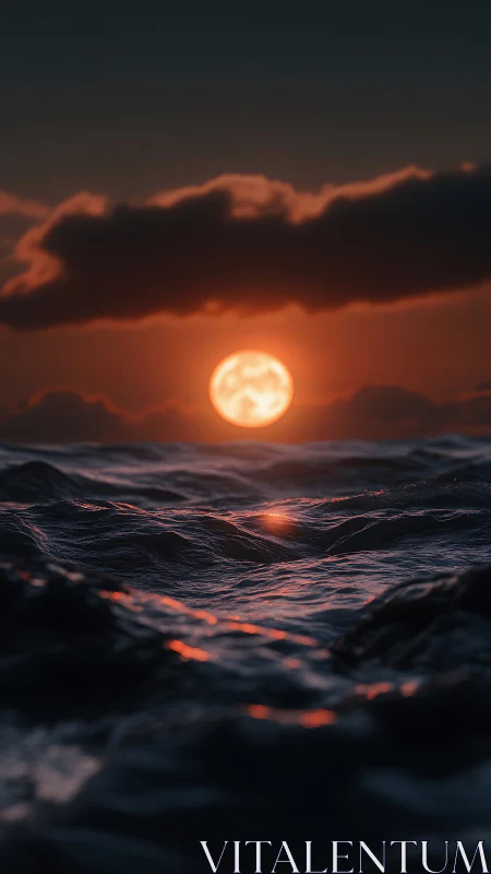Low-angle digital seascape renders moonlit waves and clouds