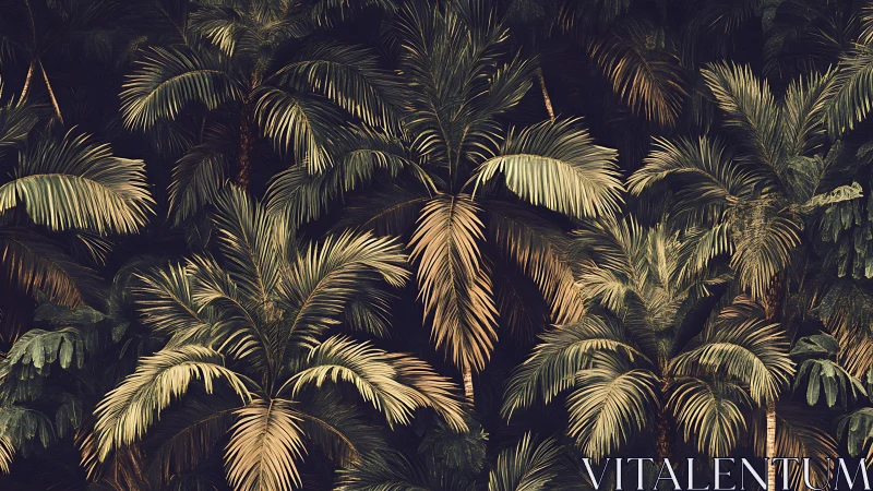 Moody tropical palm canopy in dense layered pattern.