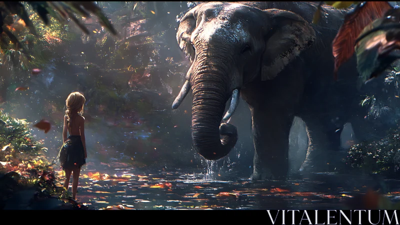 Girl facing elephant in luminous jungle pool tableau.