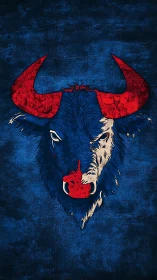 Bold bull head illustration in red and blue on dark ground.