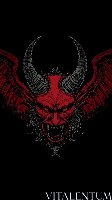 Red horned demon head with wings on black background.