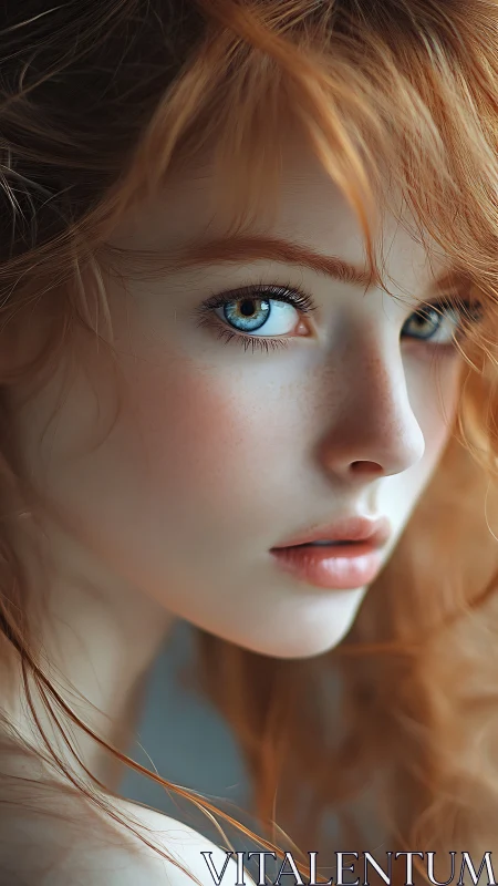 Ethereal redhead portrait glows with piercing blue gaze