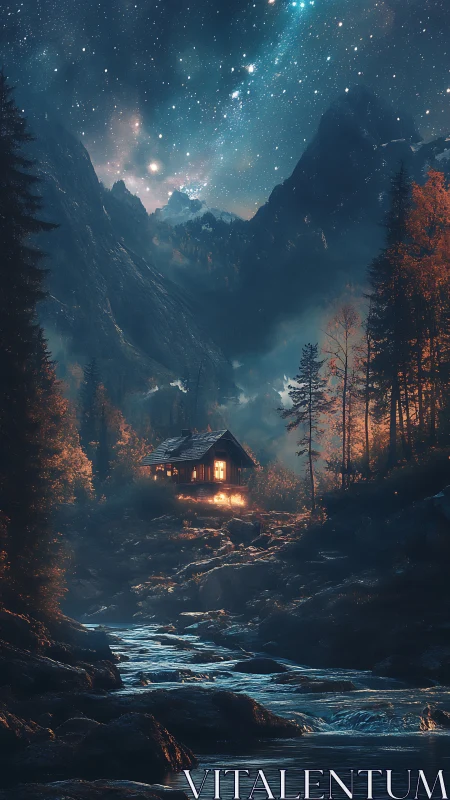 Starlit mountain cabin above glowing river at night.
