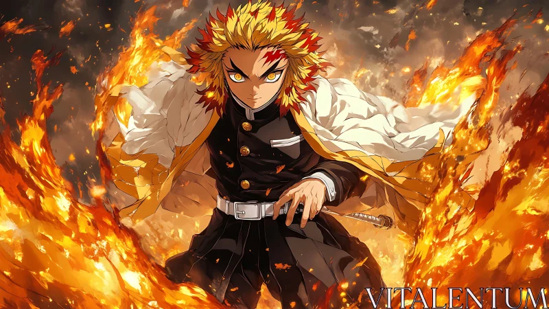 Flame-wreathed swordsman lunging through swirling firestorm.