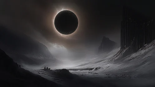 Eclipsed stellar sphere casts radial glow over glacial basin