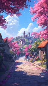 Sunlit village lane winds through blooming cherry trees.