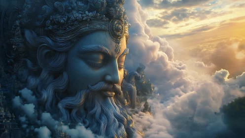 Dreaming sky deity drifting through sunrise clouds.