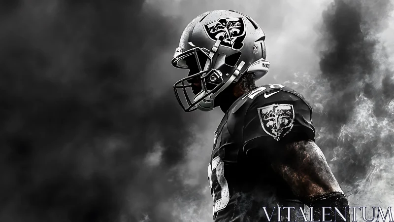 Storm-forged gridiron warrior strides through rising smoke